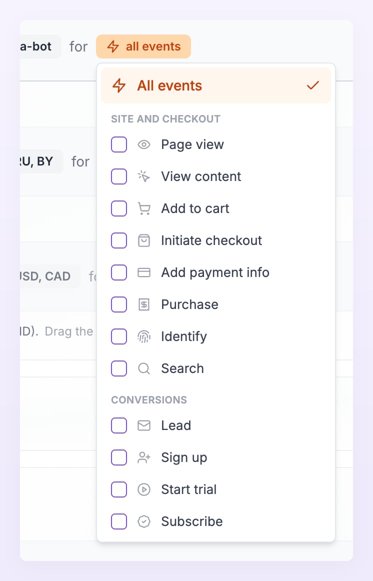 Events picker of a rule with All events selected and the Site and checkout and Conversions checkboxes