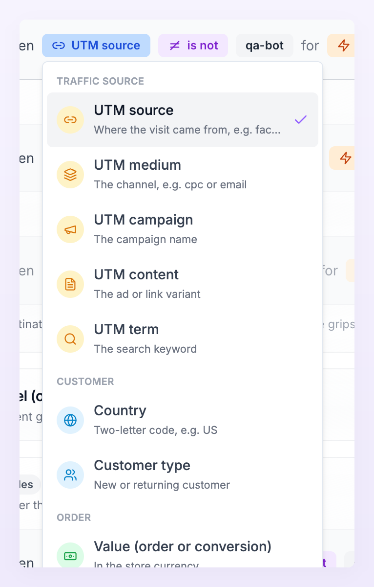 Field picker of a rule listing the Traffic source, Customer and Order fields