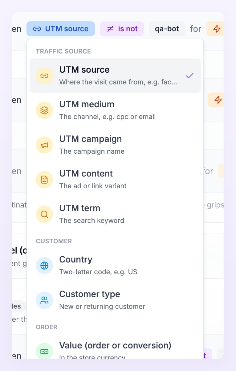 Field picker of a rule listing the Traffic source, Customer and Order fields