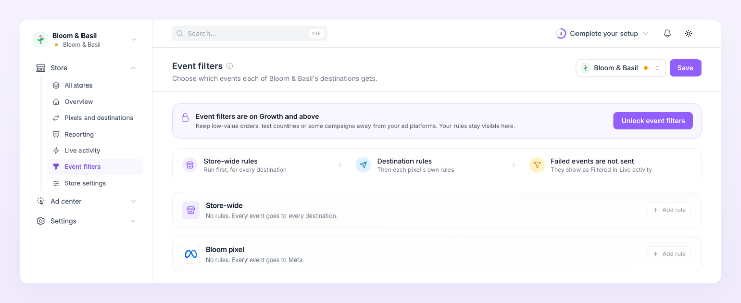 Event filters page on a Starter plan with the banner Event filters are on Growth and above and the Unlock event filters button