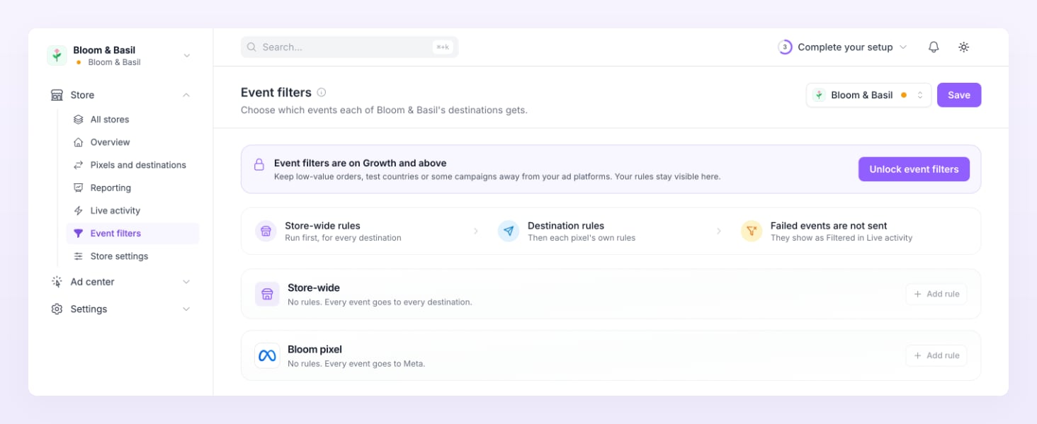Event filters page on a Starter plan with the banner Event filters are on Growth and above and the Unlock event filters button