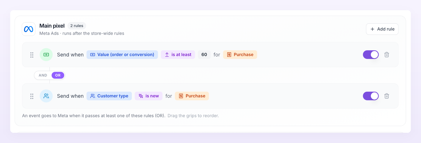 A pixel's own rules card for the Meta Main pixel with two rules joined by OR: Value is at least 60 for Purchase, and Customer type is new for Purchase