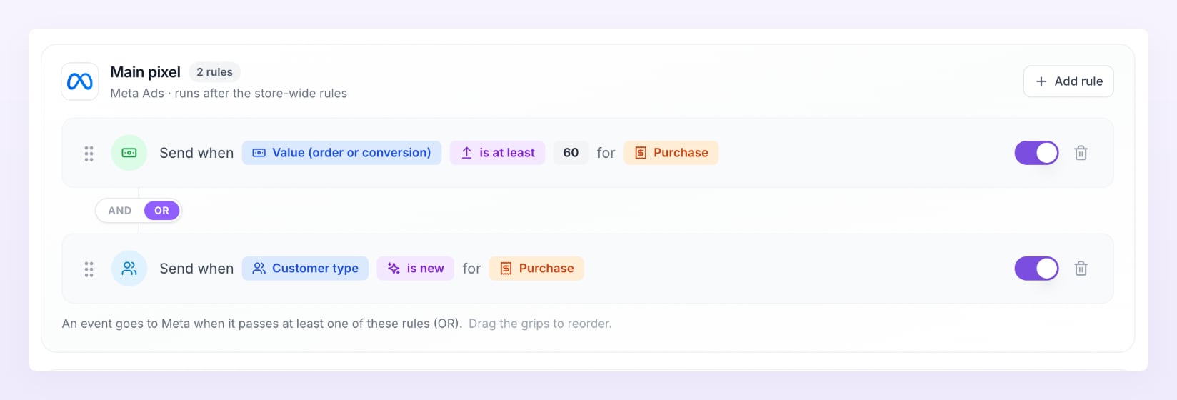 A pixel's own rules card for the Meta Main pixel with two rules joined by OR: Value is at least 60 for Purchase, and Customer type is new for Purchase