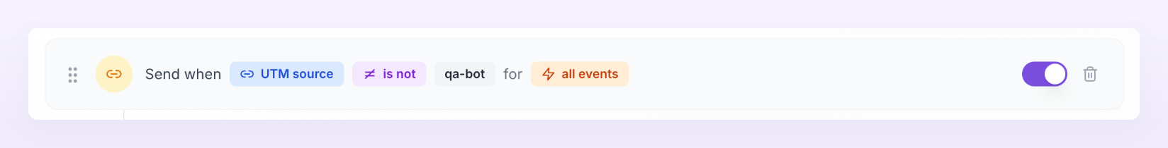 One rule row reading Send when UTM source is not qa-bot for all events, with its on switch and delete icon