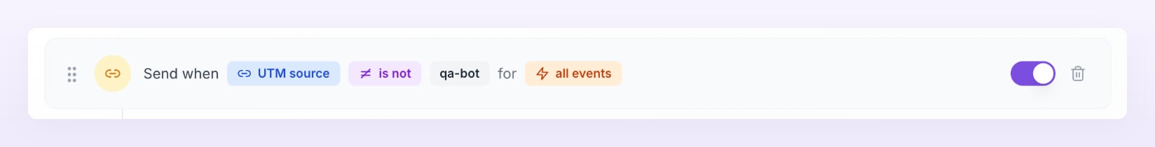 One rule row reading Send when UTM source is not qa-bot for all events, with its on switch and delete icon