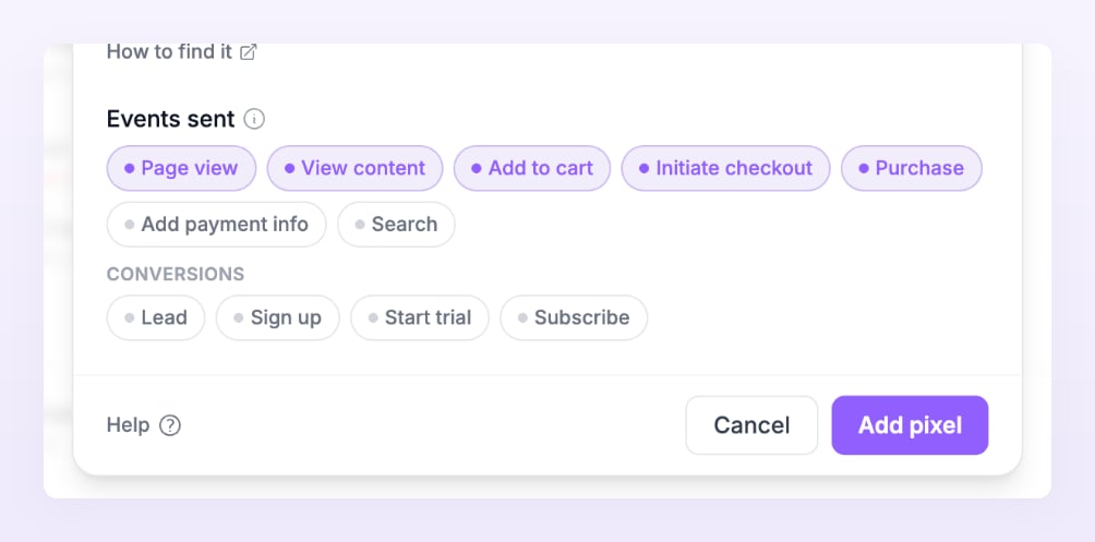 Events sent section for an ecommerce store with the site and checkout events on and the conversions off