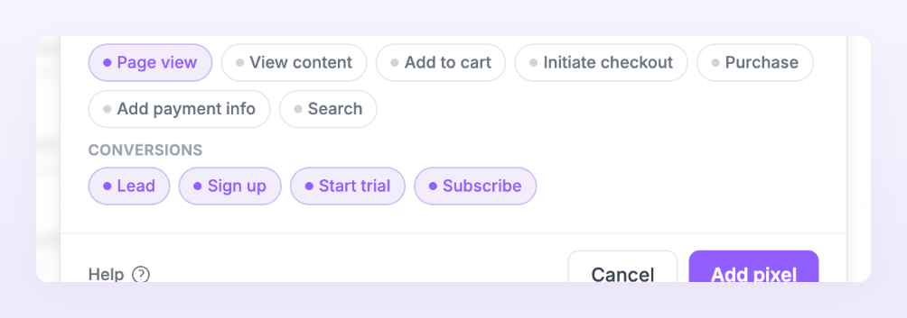 Events sent section for a SaaS business with Page view, Lead, Sign up, Start trial and Subscribe on