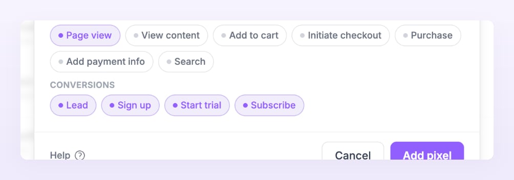 Events sent section for a SaaS business with Page view, Lead, Sign up, Start trial and Subscribe on
