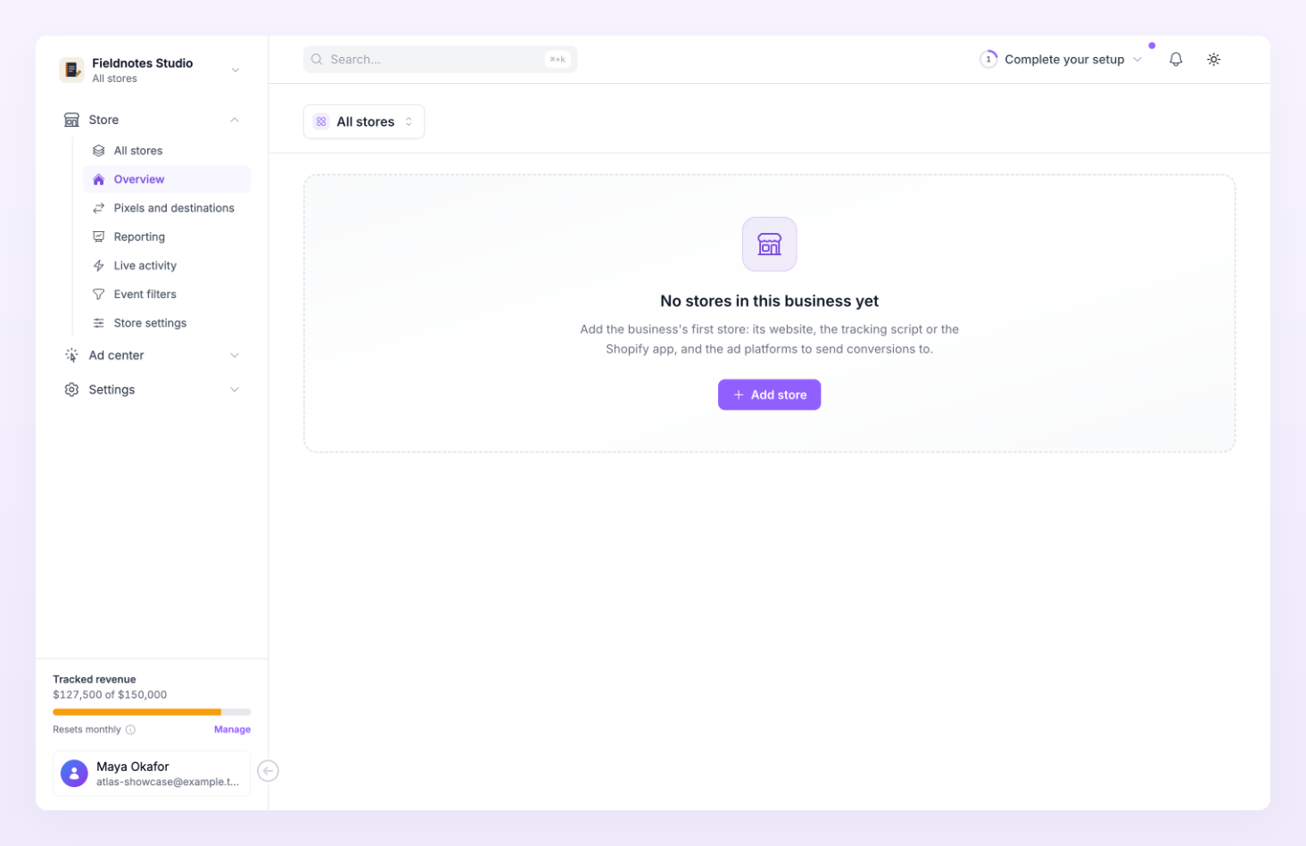 Overview of a business with no stores yet, with the Add store button and the Complete your setup pill in the top bar