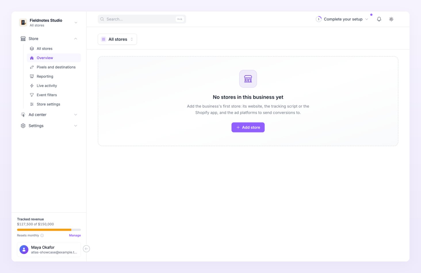Overview of a business with no stores yet, with the Add store button and the Complete your setup pill in the top bar