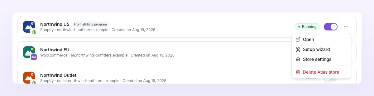 Store row menu with Open, Setup wizard, Store settings and Delete Atlas store