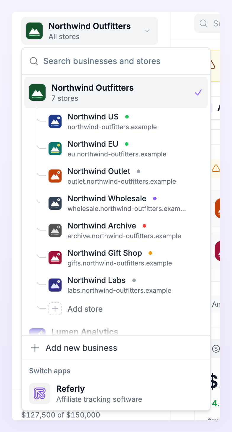 Business switcher open, showing Northwind Outfitters with its stores, Add store, Add new business and the Switch apps row for Referly