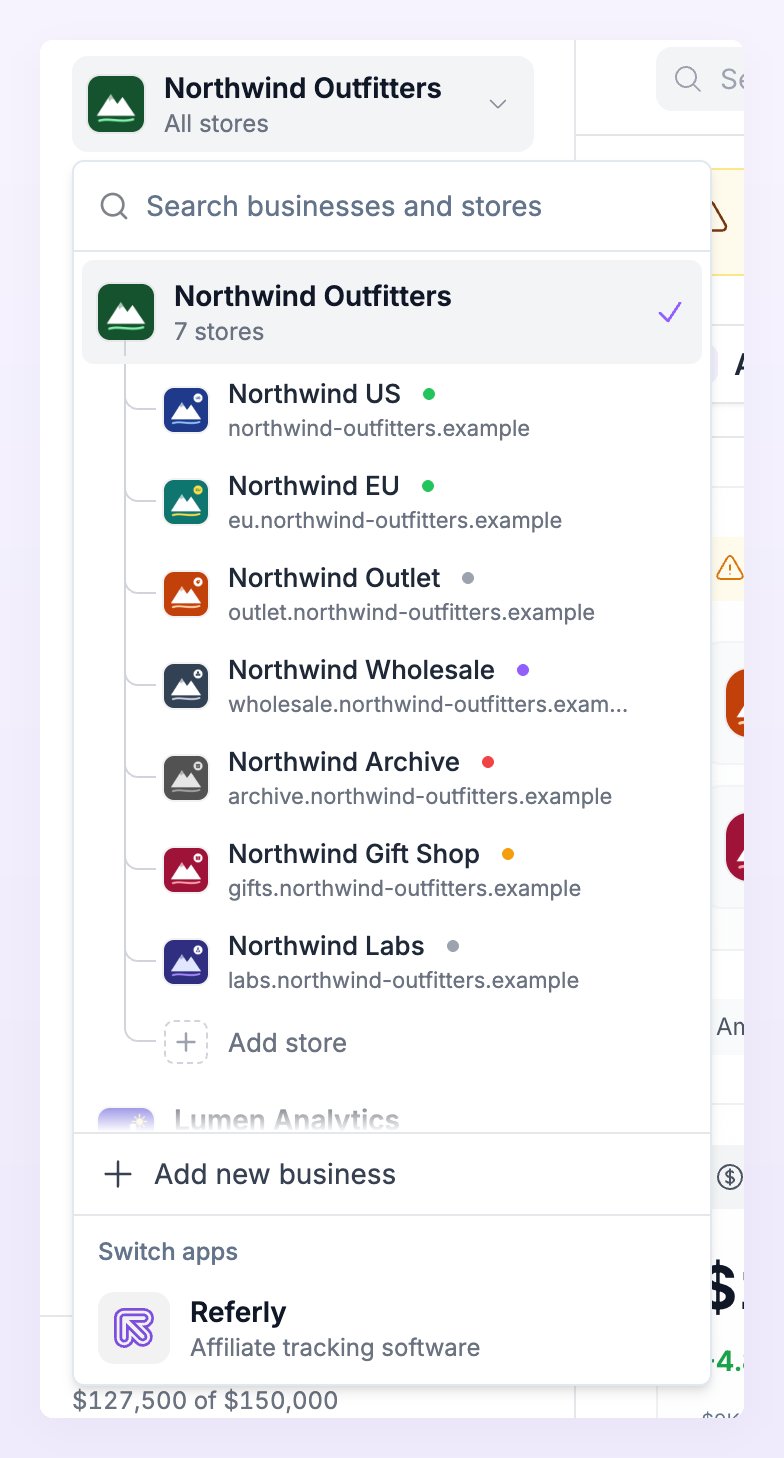Business switcher open, showing Northwind Outfitters with its stores, Add store, Add new business and the Switch apps row for Referly