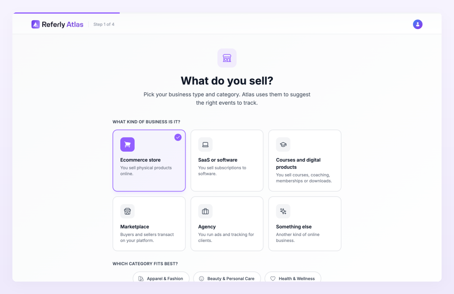 First-run onboarding, Step 1 of 4: What do you sell, with Ecommerce store selected and the category chips below
