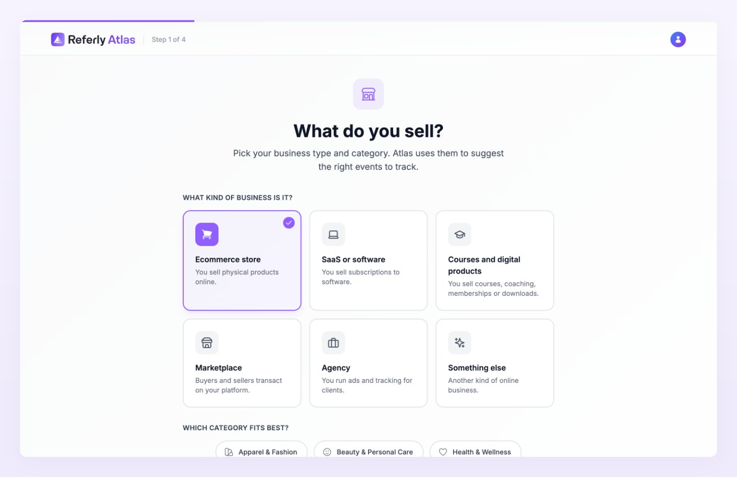 First-run onboarding, Step 1 of 4: What do you sell, with Ecommerce store selected and the category chips below