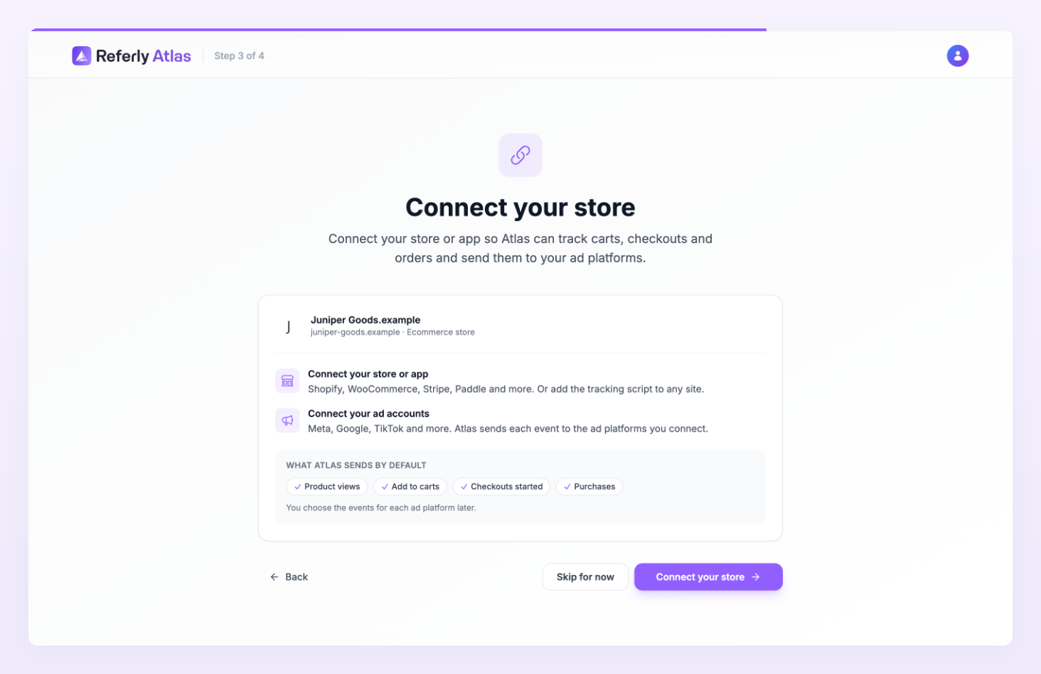 Onboarding Step 3 of 4, Connect your store, for an ecommerce business with the default events Product views, Add to carts, Checkouts started and Purchases