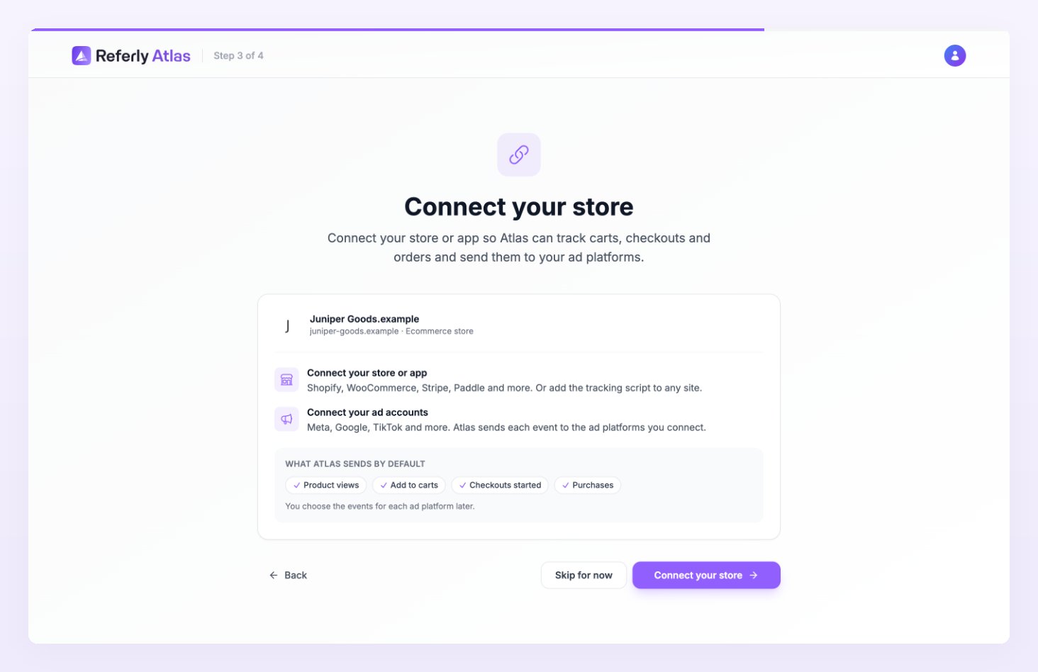 Onboarding Step 3 of 4, Connect your store, for an ecommerce business with the default events Product views, Add to carts, Checkouts started and Purchases