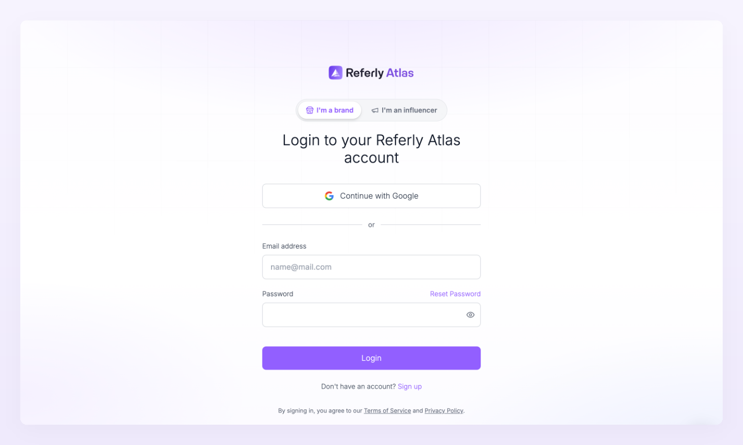 Login to your Referly Atlas account page with Continue with Google, the email and password fields and the Sign up link
