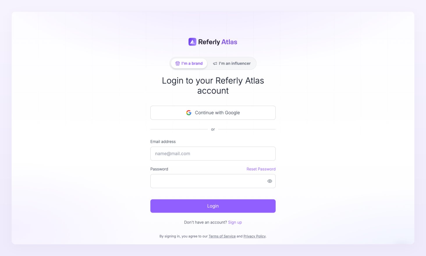 Login to your Referly Atlas account page with Continue with Google, the email and password fields and the Sign up link
