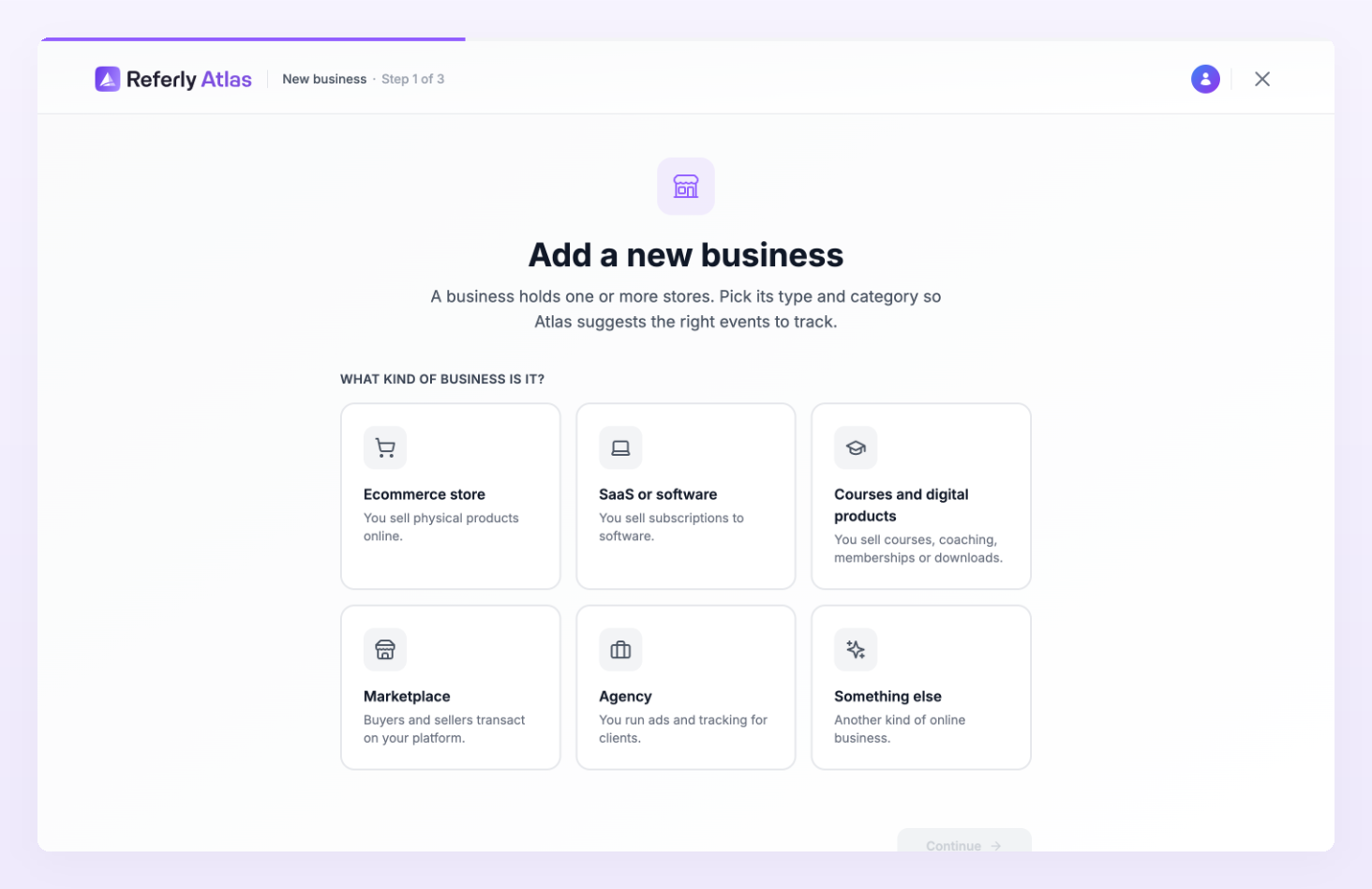 Add a new business, step 1: What kind of business is it, with the six business type cards from Ecommerce store to Something else