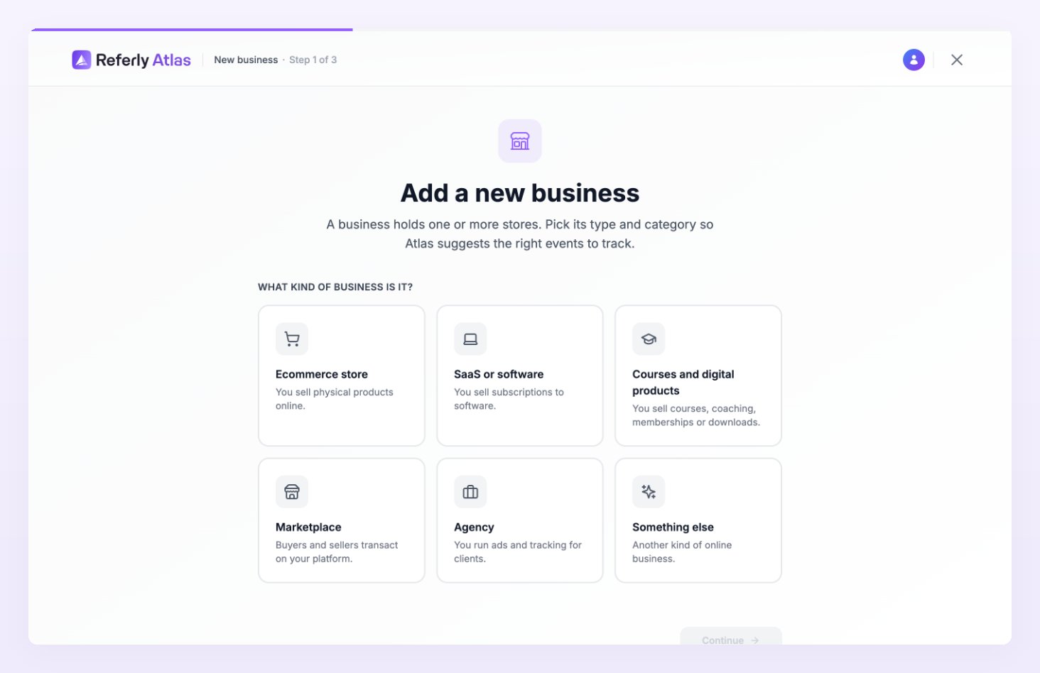 Add a new business, step 1: What kind of business is it, with the six business type cards from Ecommerce store to Something else