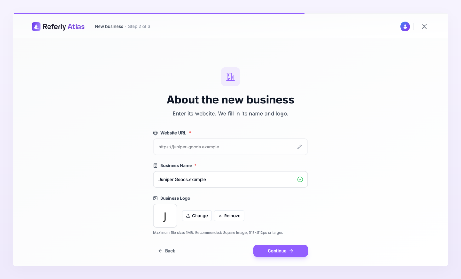 Step 2 with the Website URL, the Business Name filled in automatically and the Business Logo with Change and Remove buttons