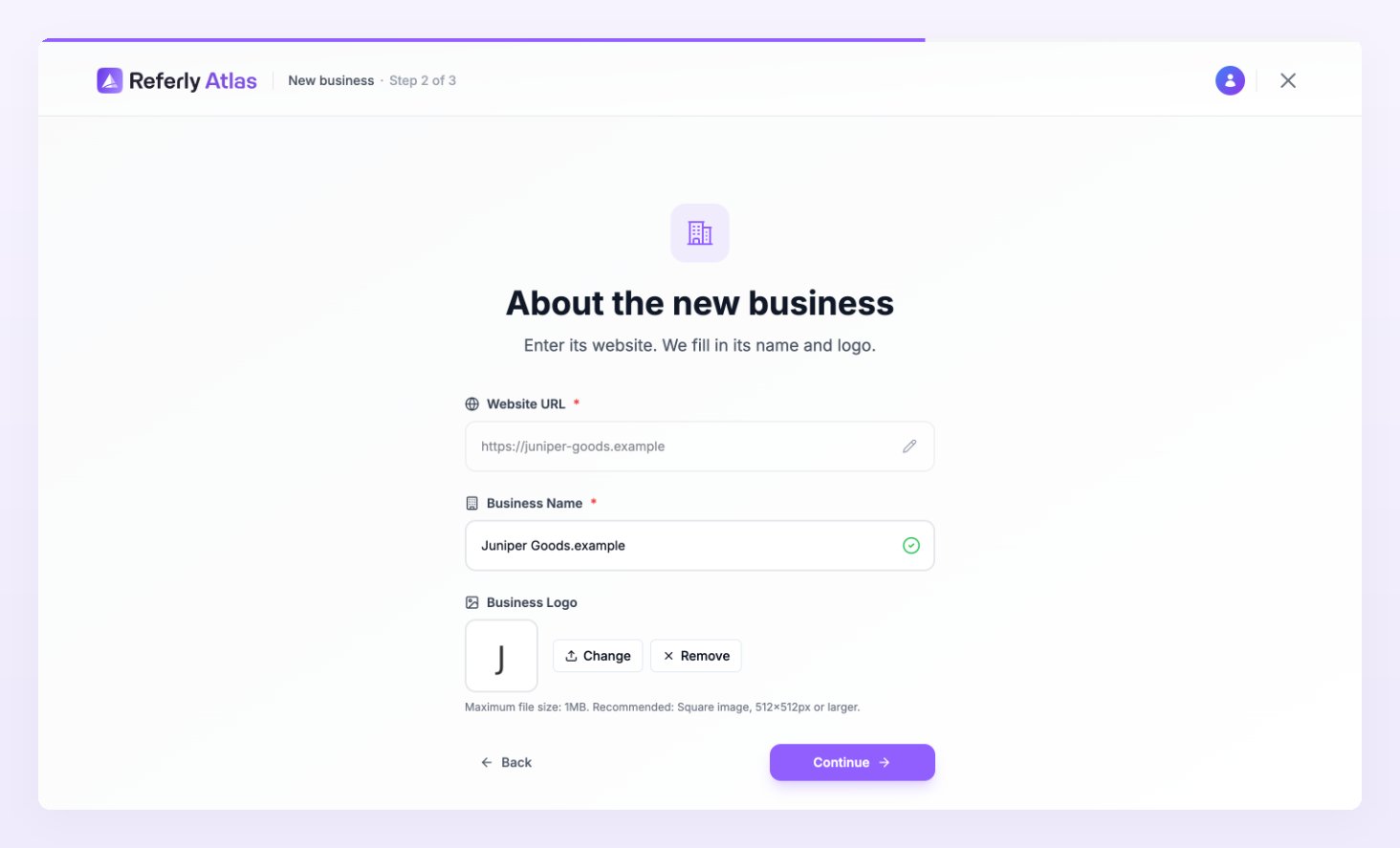 Step 2 with the Website URL, the Business Name filled in automatically and the Business Logo with Change and Remove buttons