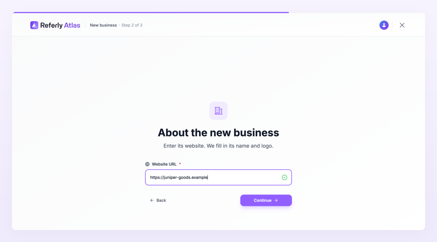 Step 2 of the business setup with the Website URL field filled in and the Back and Continue buttons
