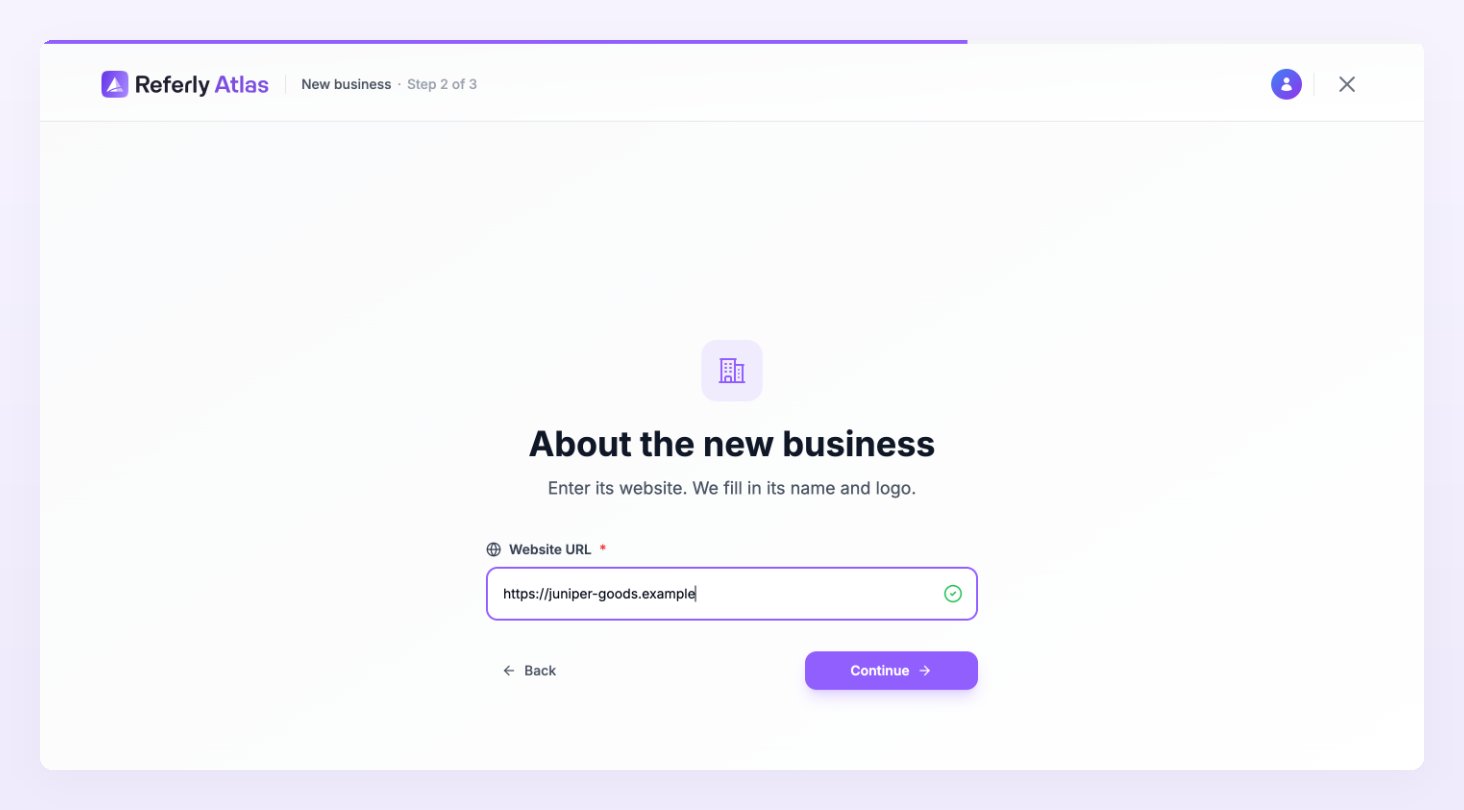 Step 2 of the business setup with the Website URL field filled in and the Back and Continue buttons