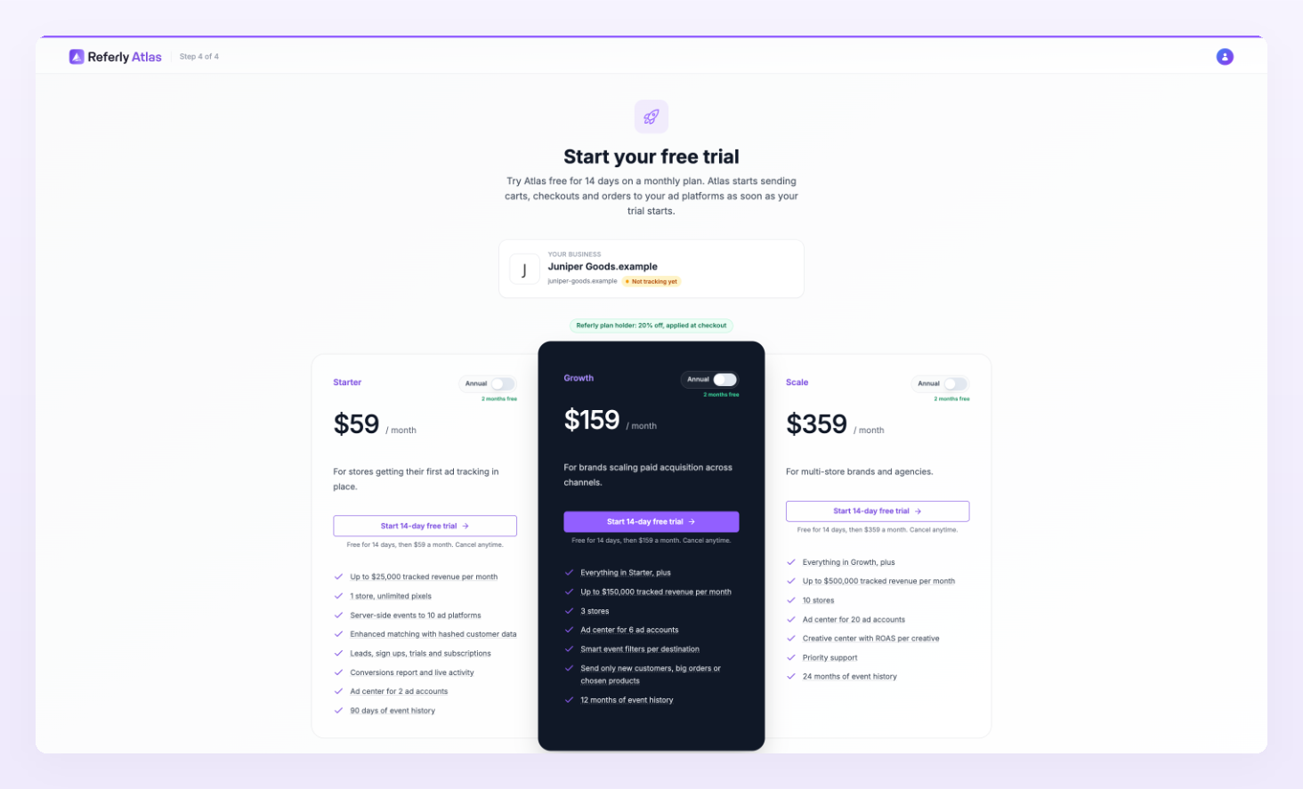 Onboarding Step 4 of 4, Start your free trial, with the business card marked Not tracking yet, the Referly plan holder 20% off badge and the Starter, Growth and Scale plan cards with Start 14-day free trial buttons