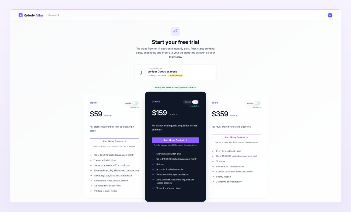 Onboarding Step 4 of 4, Start your free trial, with the business card marked Not tracking yet, the Referly plan holder 20% off badge and the Starter, Growth and Scale plan cards with Start 14-day free trial buttons