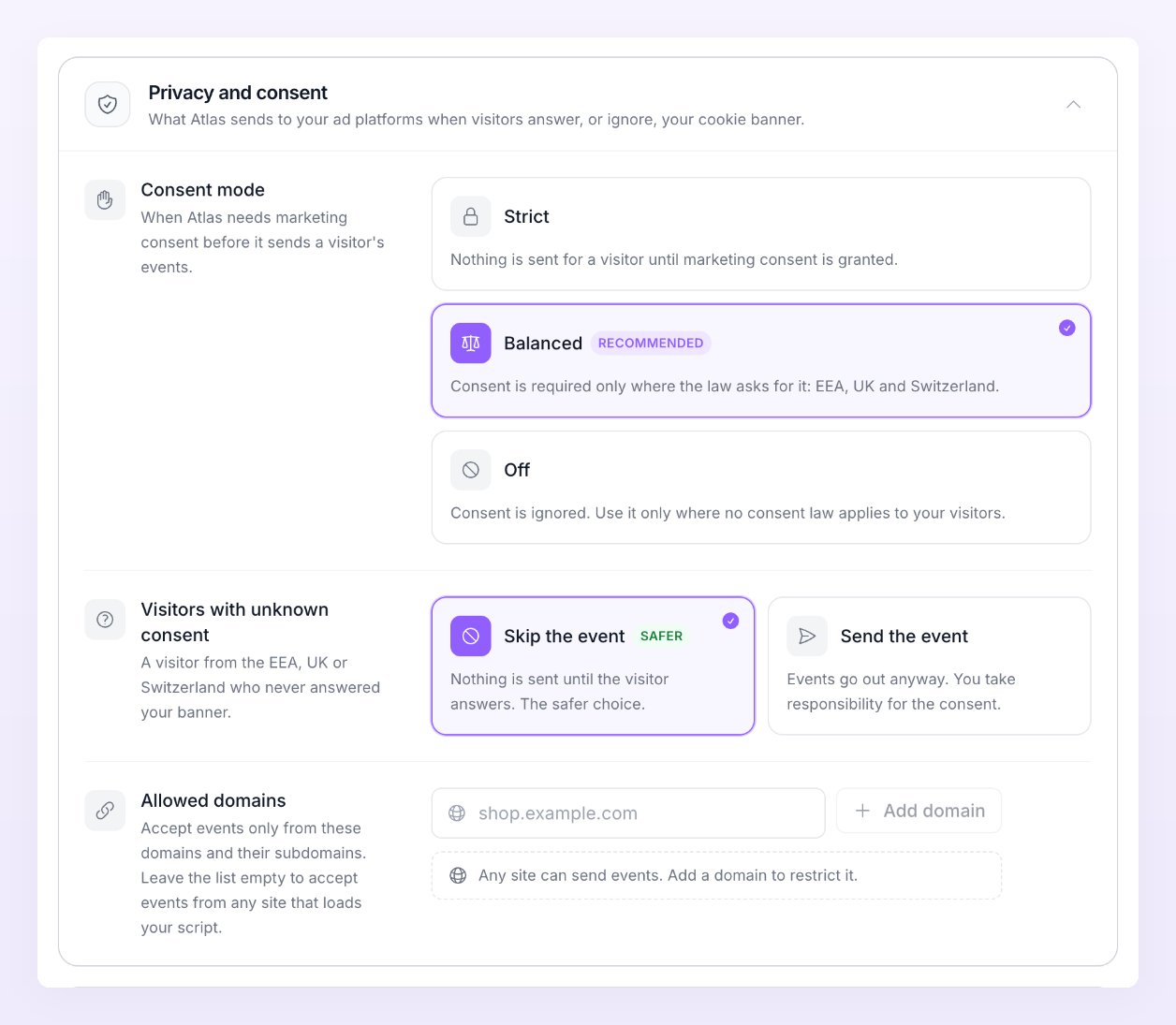 Consent mode settings: Strict, Balanced (recommended) and Off, plus the choice for visitors with unknown consent