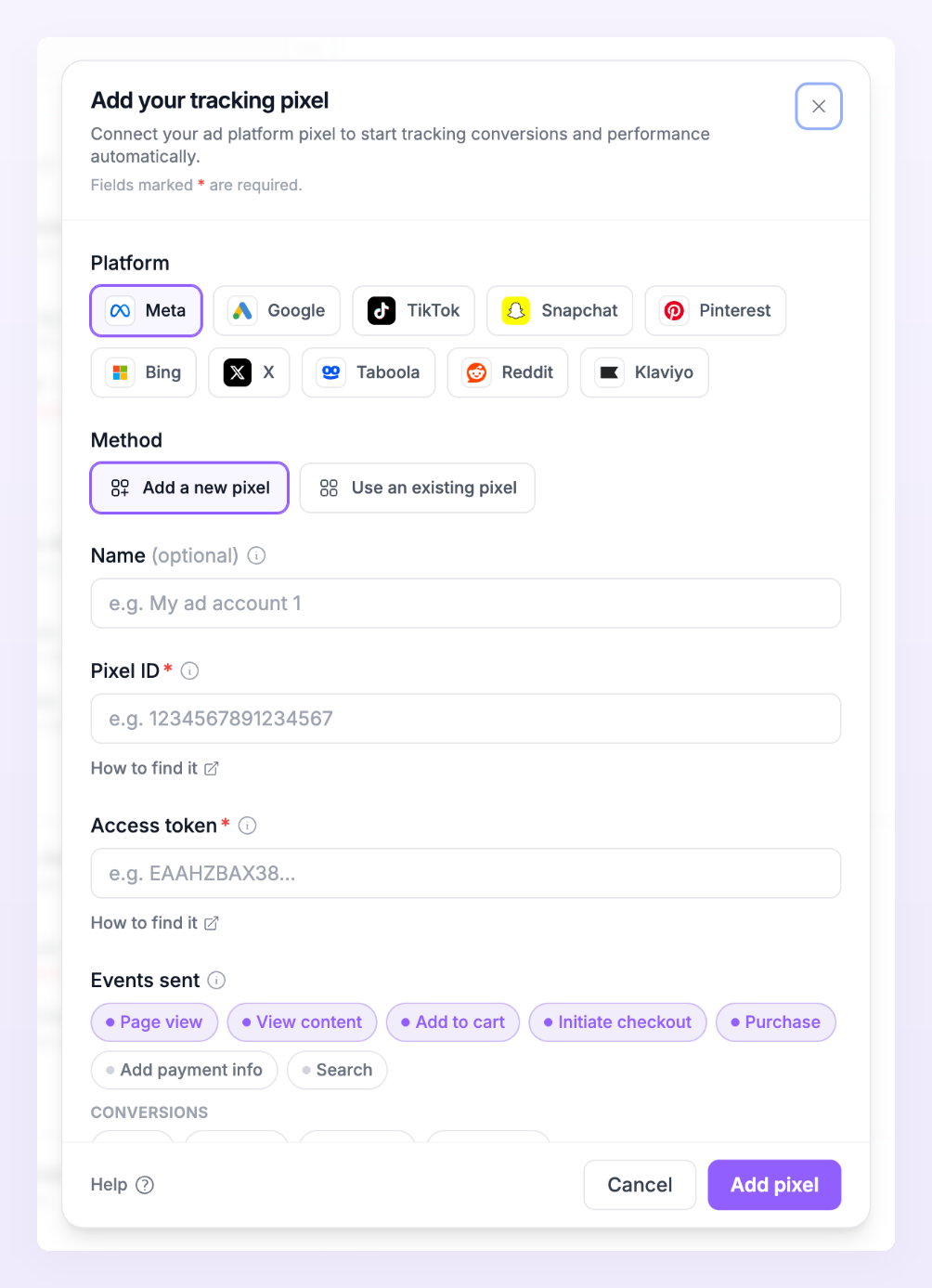 Add your tracking pixel dialog with the platform chips and the Meta fields