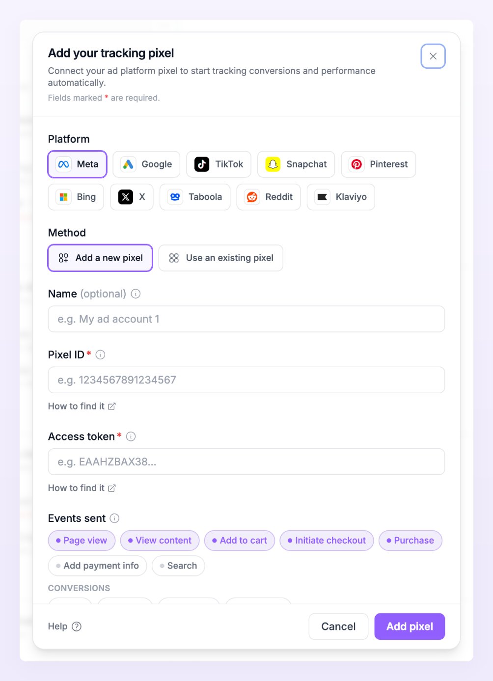 Add your tracking pixel dialog with the platform chips and the Meta fields