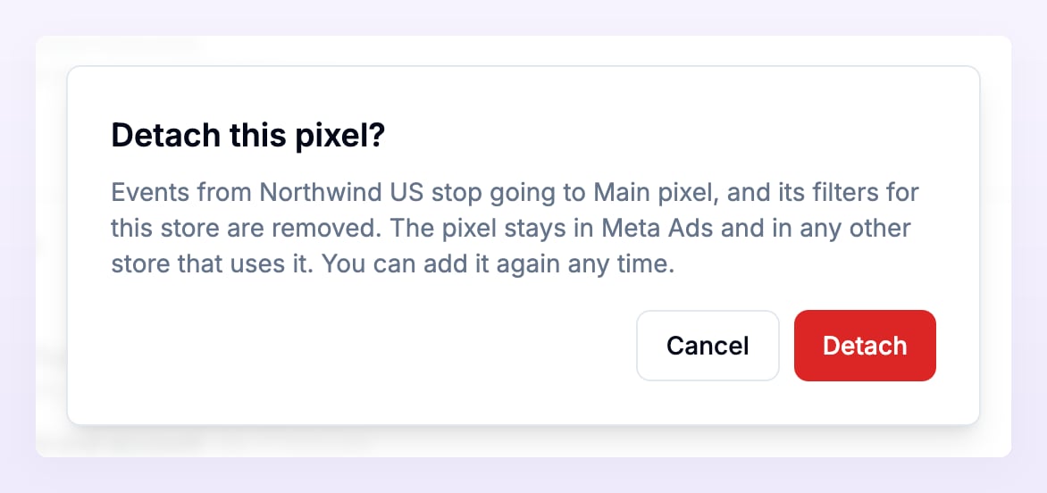 Detach this pixel confirmation dialog