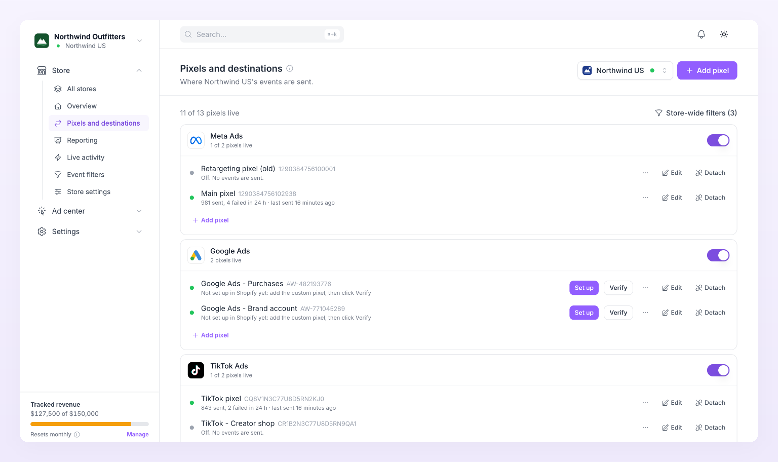 Pixels and destinations page for a store