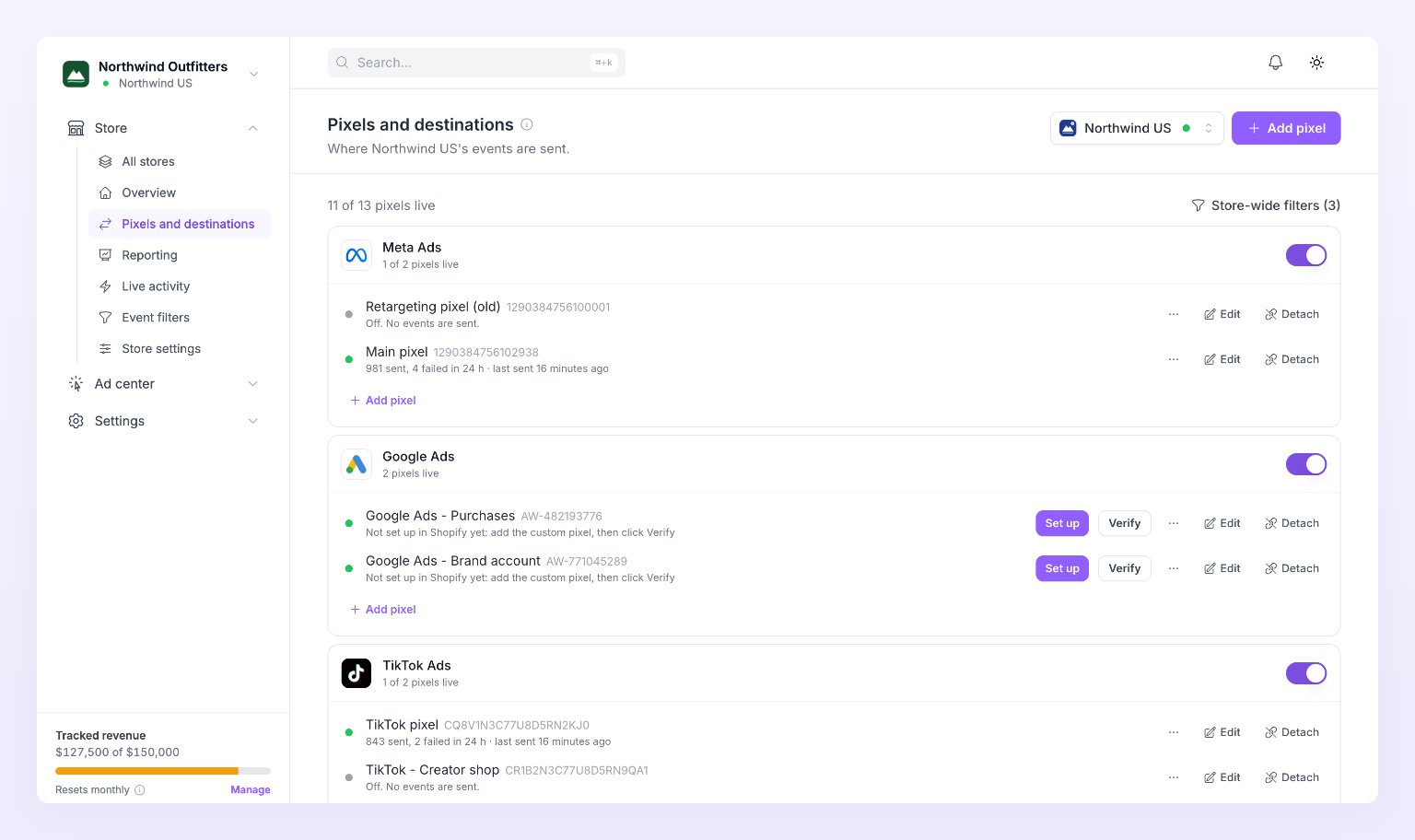 Pixels and destinations page for a store