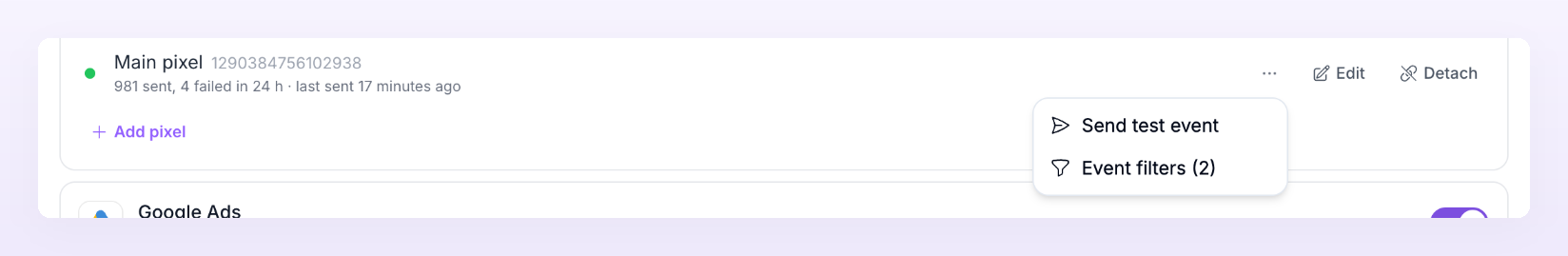 More pixel actions menu with Send test event and Event filters