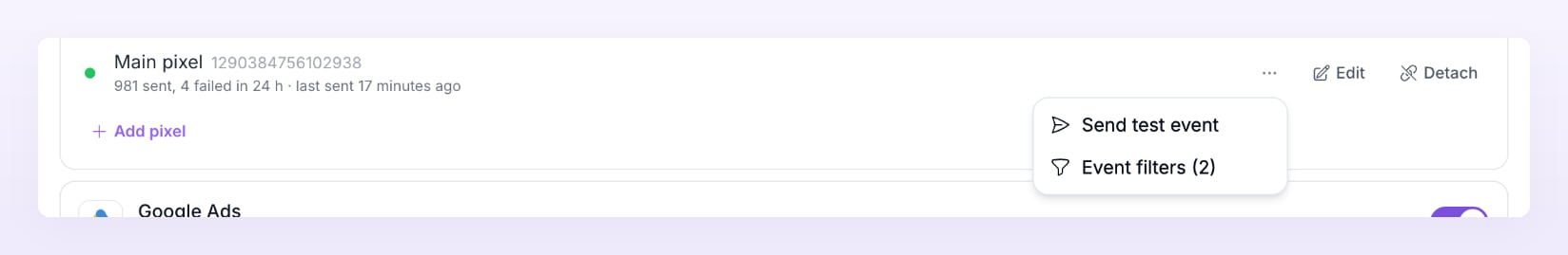 More pixel actions menu with Send test event and Event filters