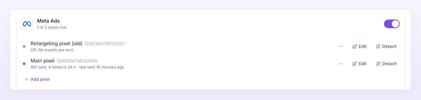 Meta Ads platform row with one pixel off and one live pixel
