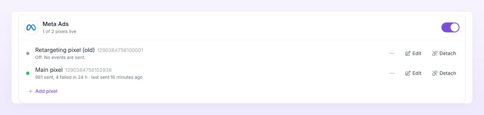 Meta Ads platform row with one pixel off and one live pixel