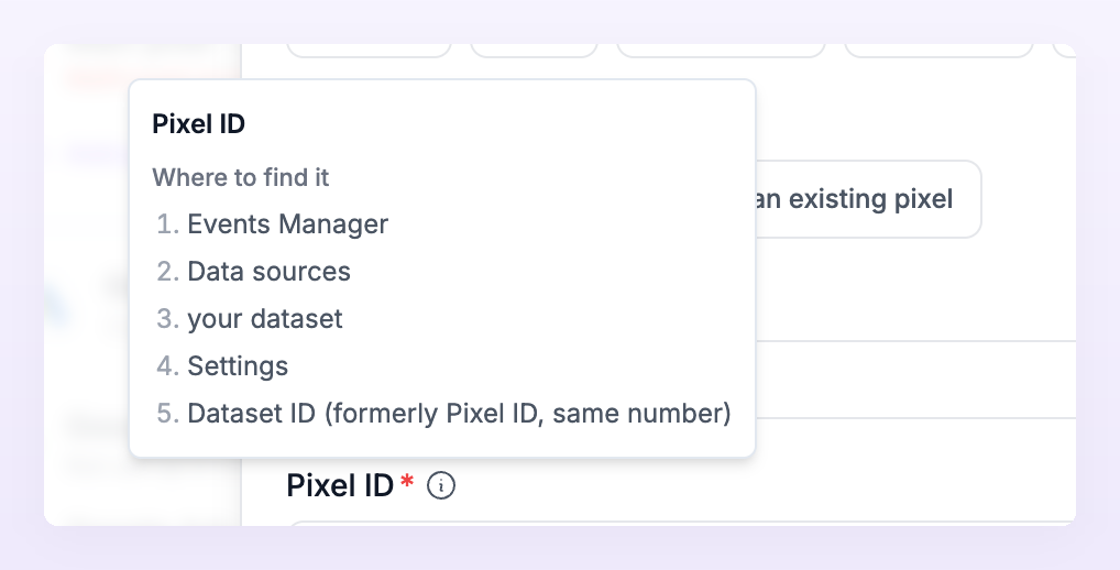 Where to find it tooltip for the Meta Pixel ID