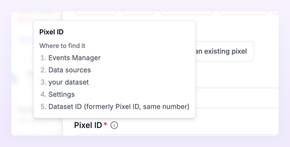 Where to find it tooltip for the Meta Pixel ID
