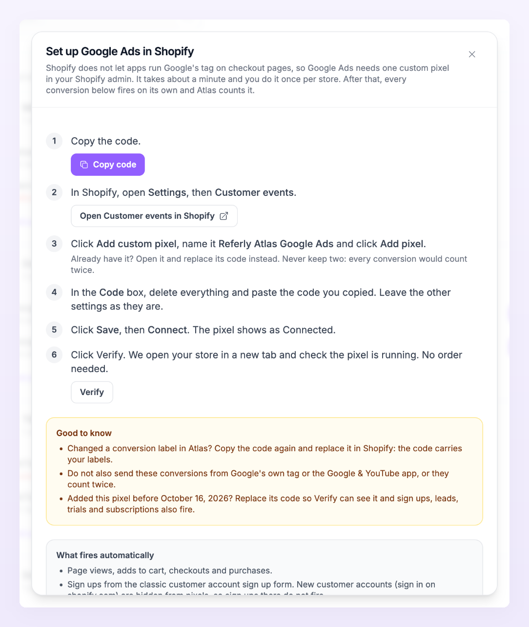 Set up Google Ads in Shopify dialog with the six steps from Copy code to Verify and the Good to know box