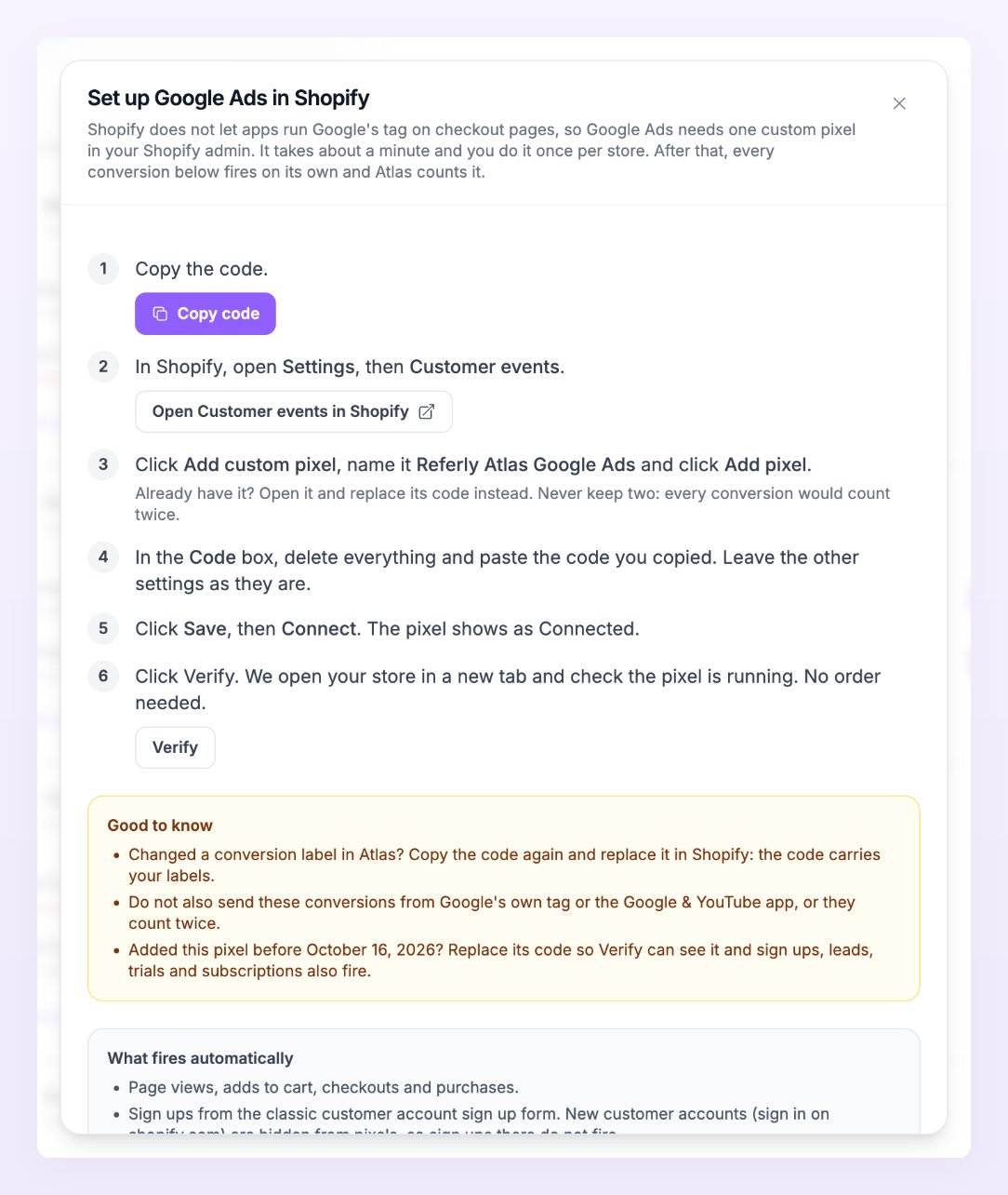 Set up Google Ads in Shopify dialog with the six steps from Copy code to Verify and the Good to know box