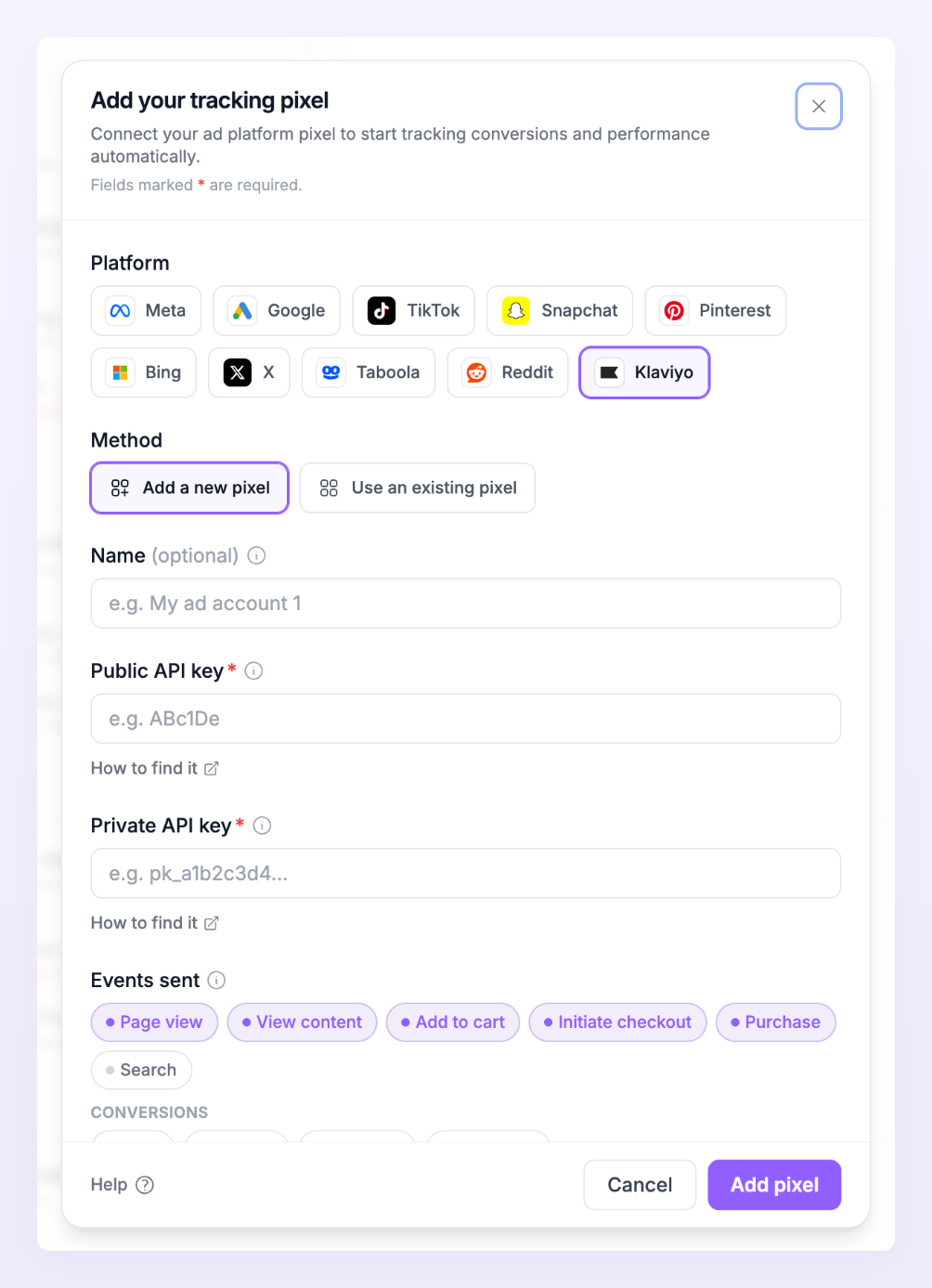 Add pixel dialog with Klaviyo selected, showing the Public API key and Private API key fields