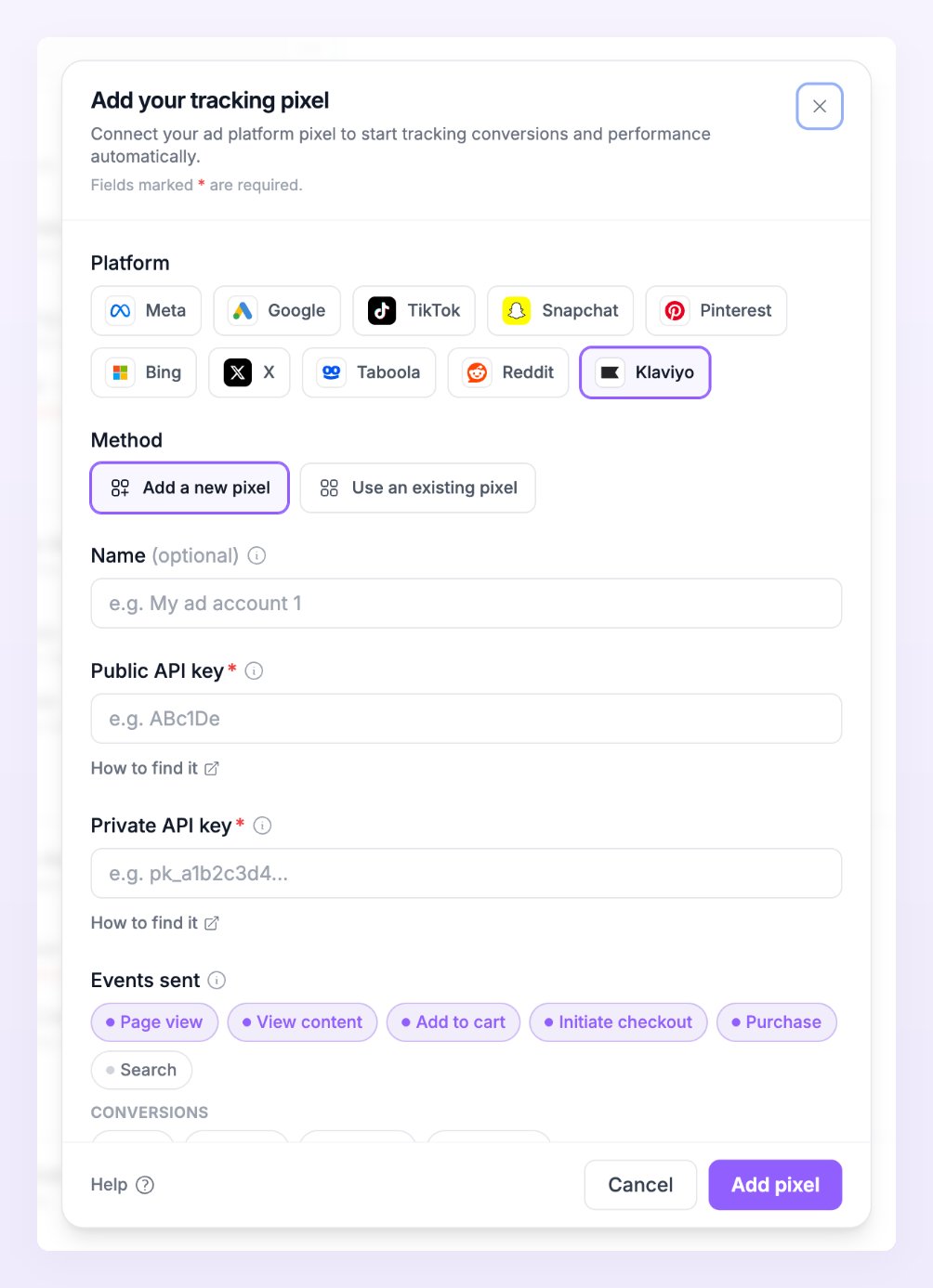 Add pixel dialog with Klaviyo selected, showing the Public API key and Private API key fields