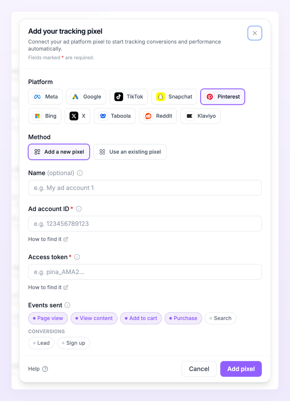 Add pixel dialog with Pinterest selected, showing the Ad account ID and Access token fields
