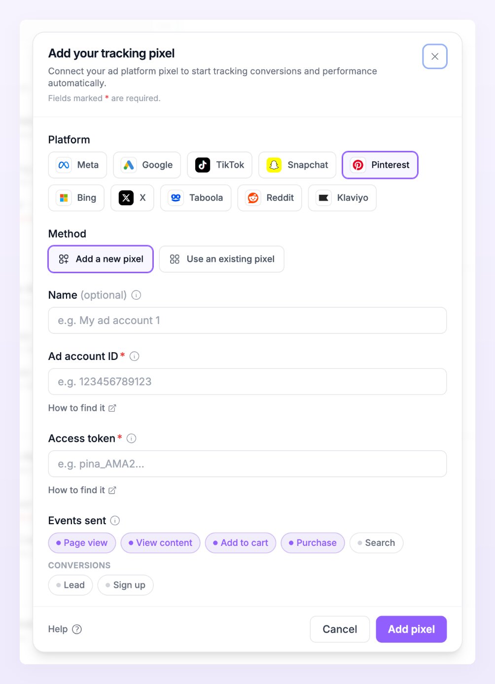 Add pixel dialog with Pinterest selected, showing the Ad account ID and Access token fields