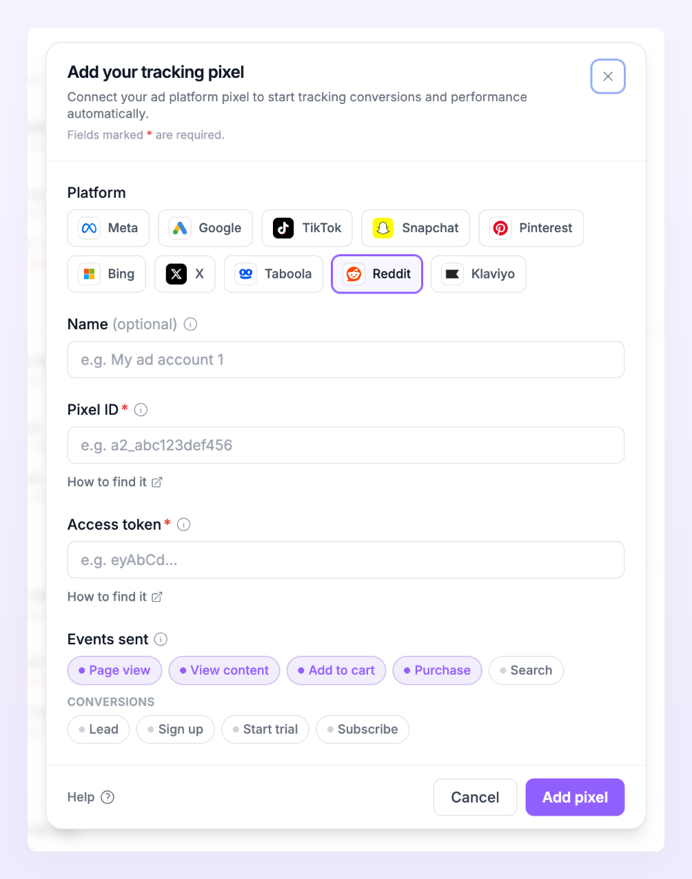 Add pixel dialog with Reddit selected, showing the Pixel ID and Access token fields